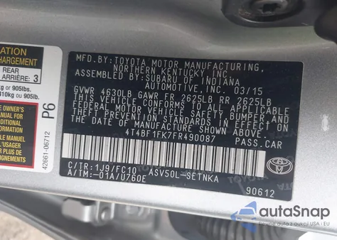 2015 Toyota Camry Le z USA, uszkodzony, nr VIN 4T4BF1FK7FR490087